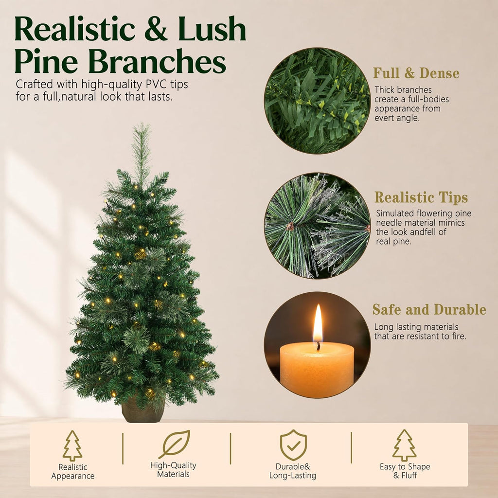 3ft Pre-Lit Artificial Mini Christmas Tree, Battery Operated Desk Xmas Tree