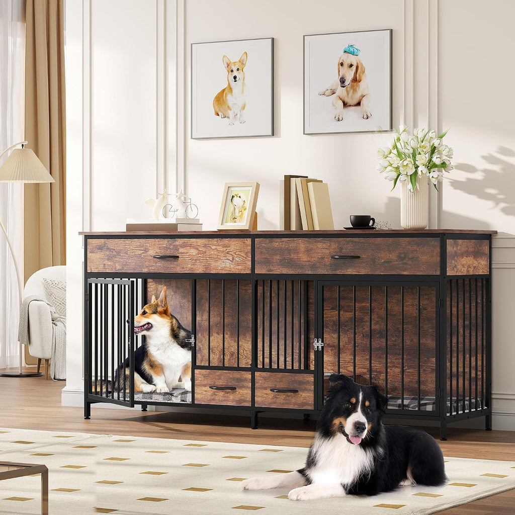 74.8" Double Dog Crate Furniture with Dog Feeder & Drawers