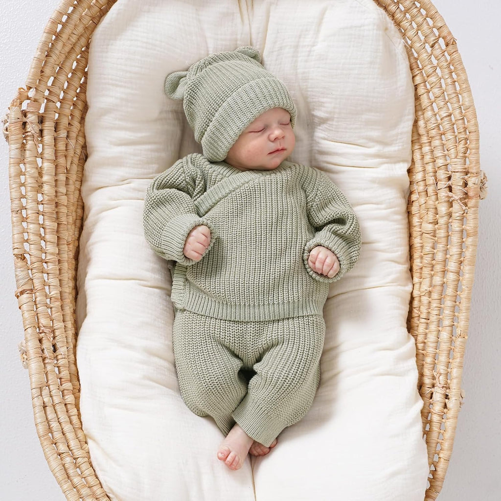 Baby Cotton Knit Set with Hat, Sweater and Pants, Coming Home Outfit