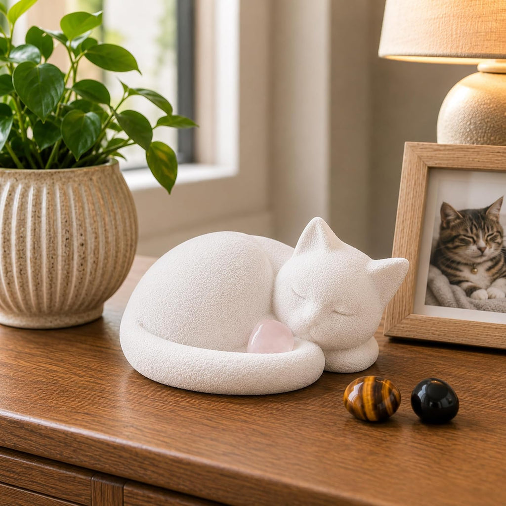 White Cat Urn for Ashes with Crystal Stones Memorial Keepsake