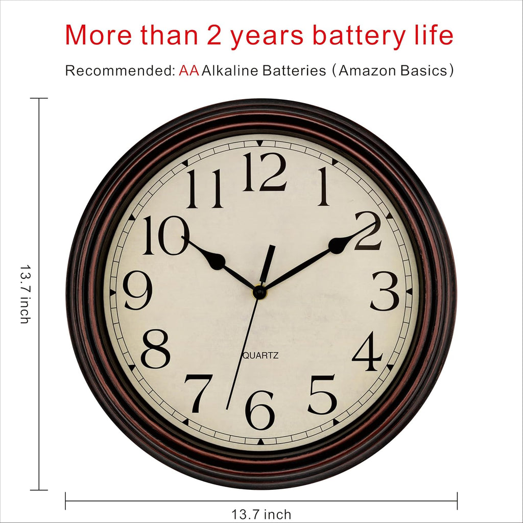 14 Inch Wall Clock Battery Operated Silent Non-Ticking Round Classic Vintage Retro Wall Clock Decorative for