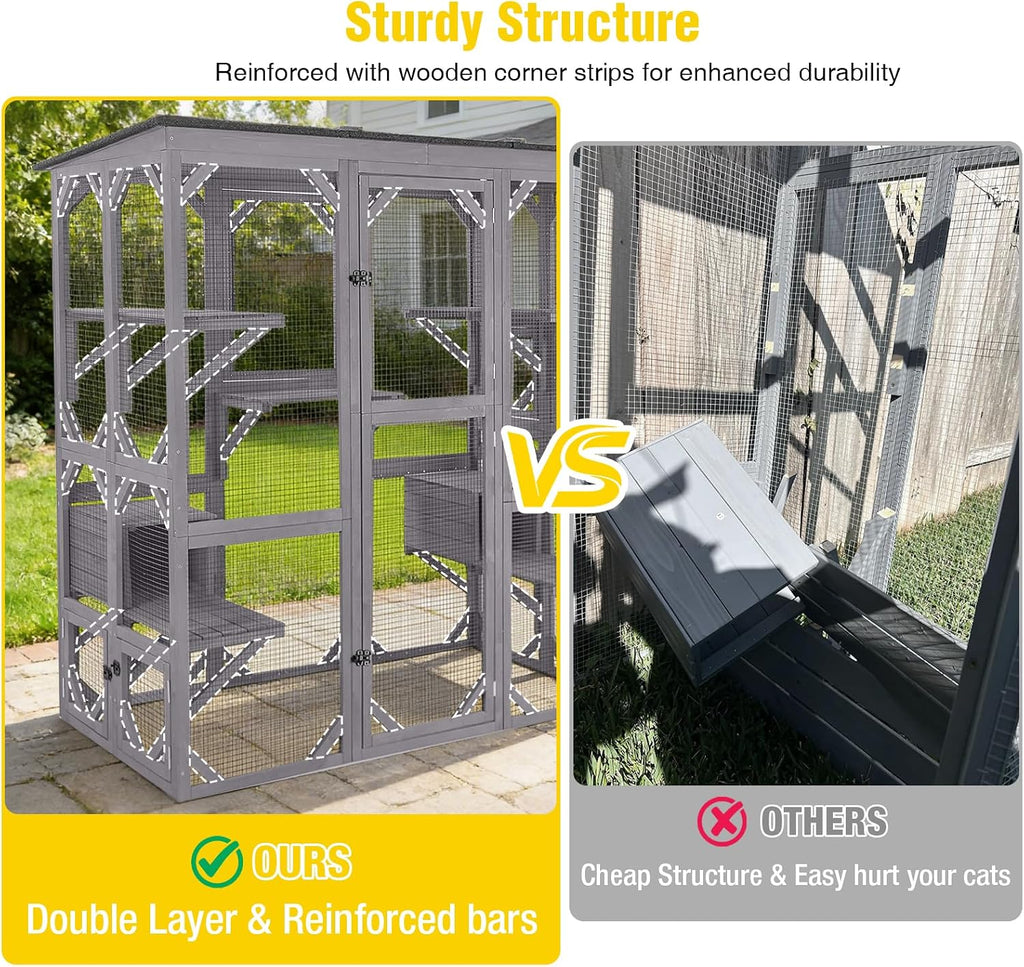 Catio Outdoor Cat Enclosure with 7 Platforms, 2 Resting Boxes, Large Window Cat House for 6-8 Mulitiple Cats Walk