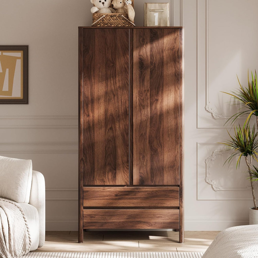 Wardrobe with 2 Doors and 2 Drawers, 70.9"H Modern Walnut Bedroom Armoire Closet with Hidden Handles, Freestanding
