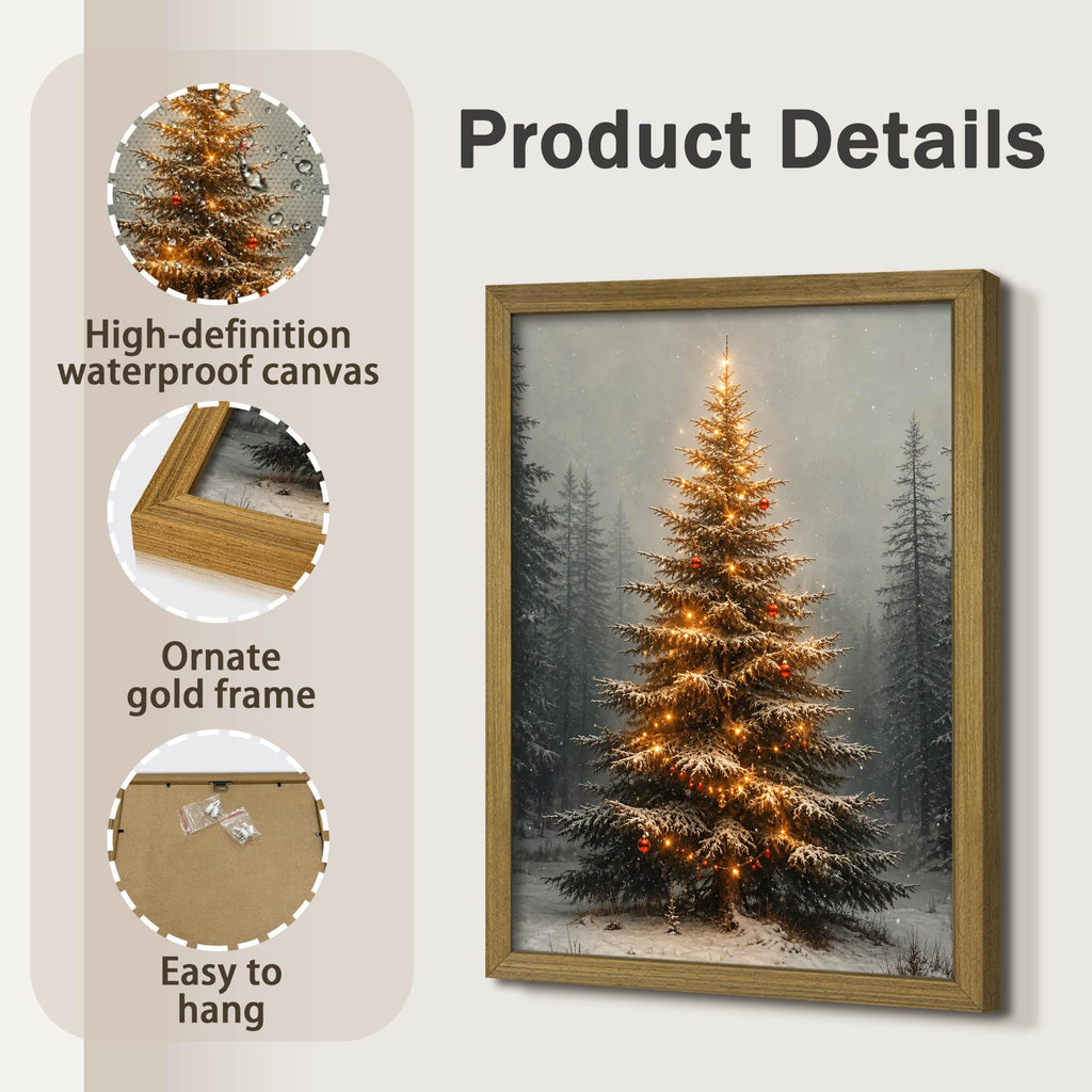 Vintage Christmas Tree Wall Art, Lighted Christmas Tree Canvas Prints, Pine Botanical Aesthetic Picture Poster