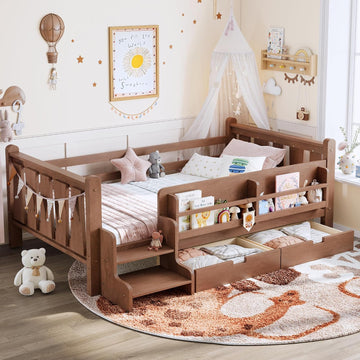 Floor Bed with Storage Bookcase and Drawers, Solid Wood Platform Bed with Guardrails, Cute Stair Design, Low