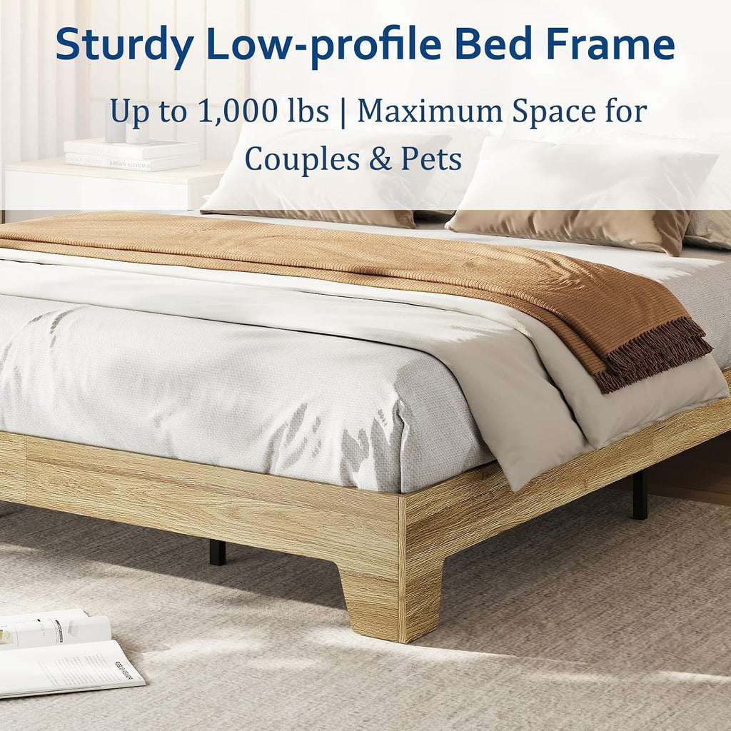 Platform Bed Frame, Minimalist Wood Bed Frame No Headboard Needed, Sturdy Low Profile Bed with Natural Wood