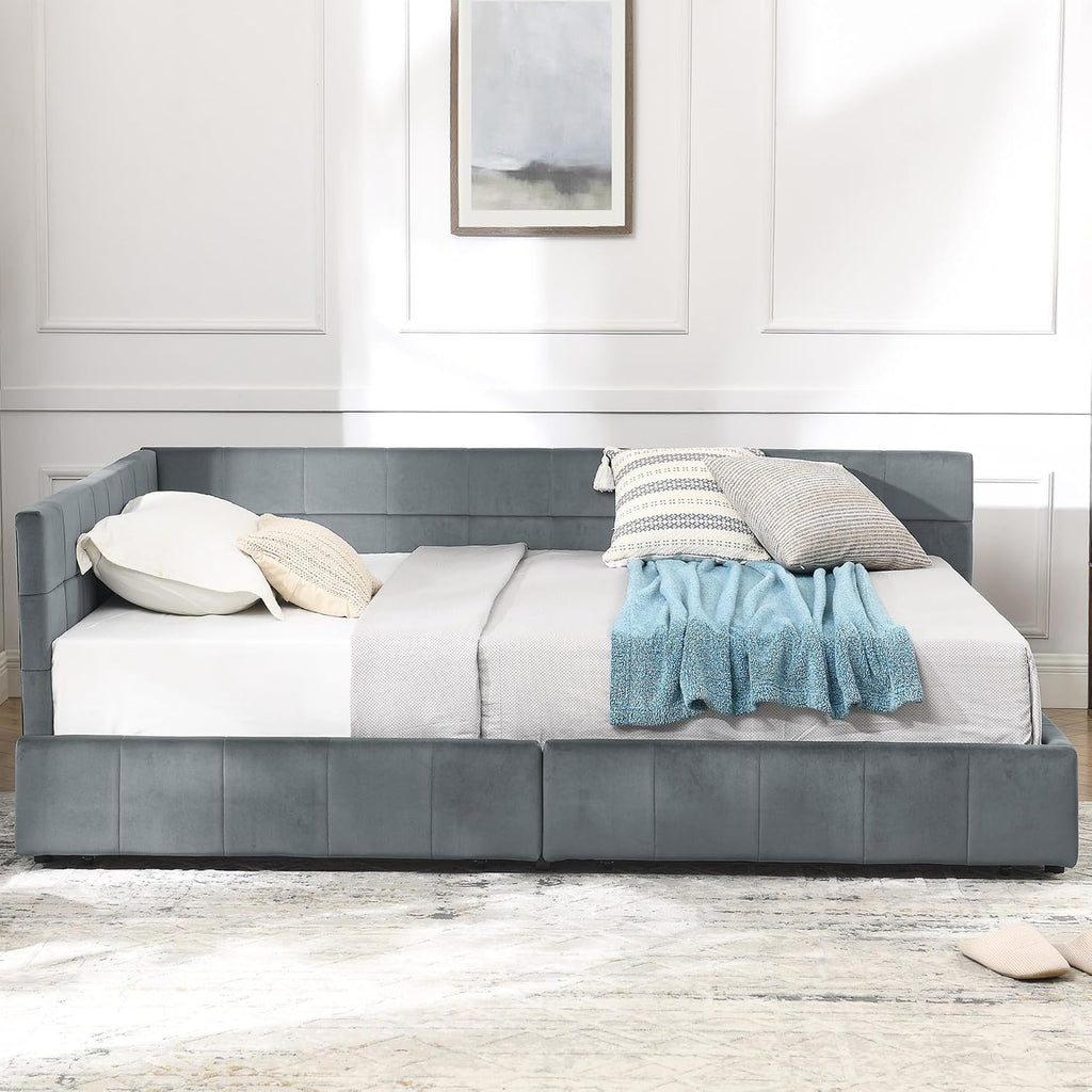 Queen Size Corner Bed Frame with Storage Drawers Comfortable Backrest