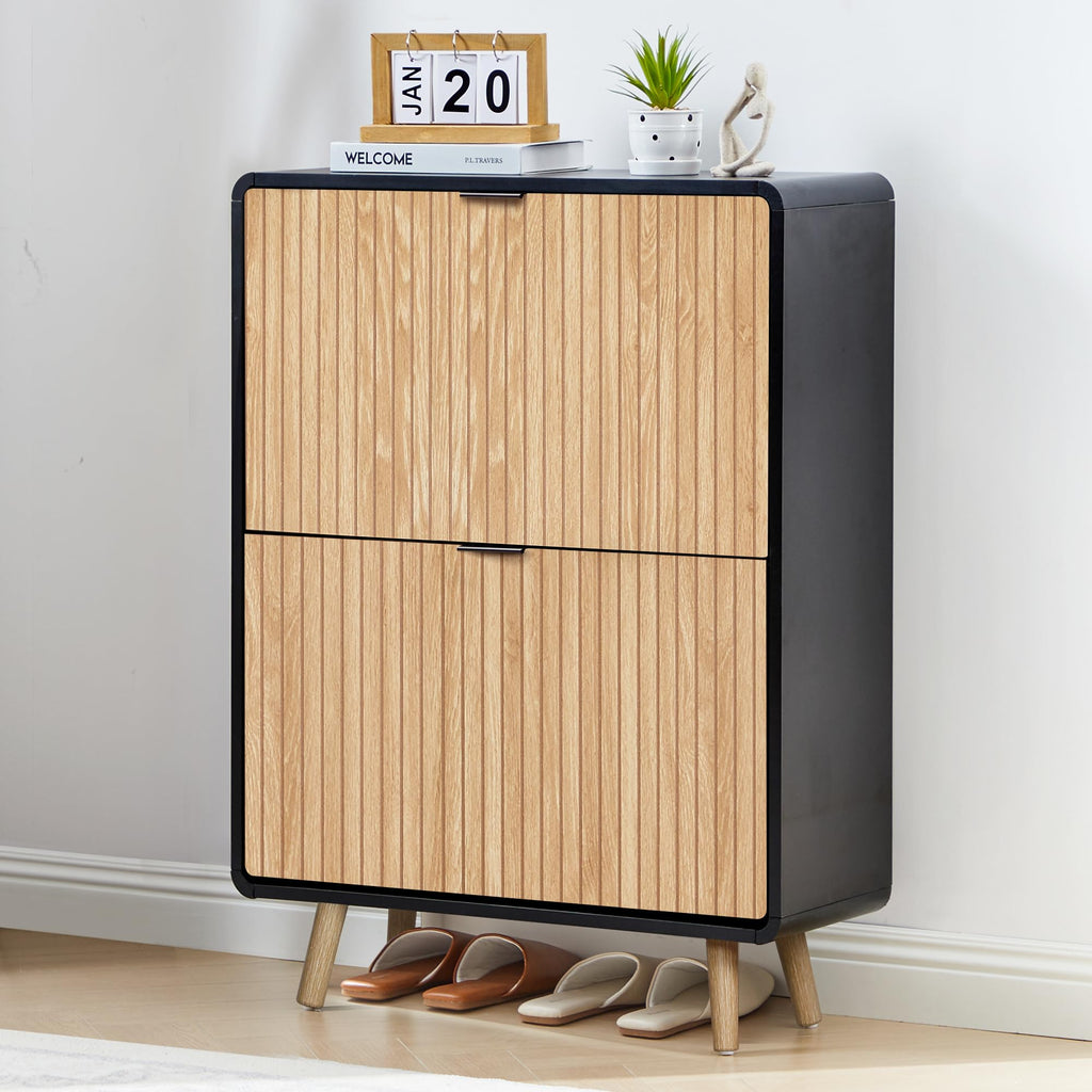 Narrow Shoe Cabinet Storage, Slim Shoe Cabinet with 2 Flip Drawers, Fluted Shoes Rack Organizer (Natural with Black