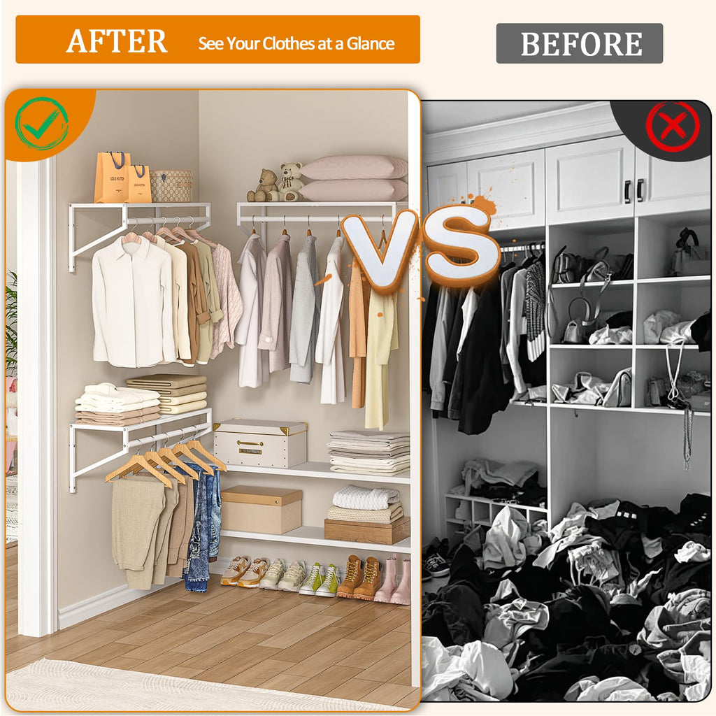 4 Pack Closet Shelves Wall Mounted, 2.7 ft x 11.8in Wire Closet Shelf with Hanging Rod, White Metal Clothes
