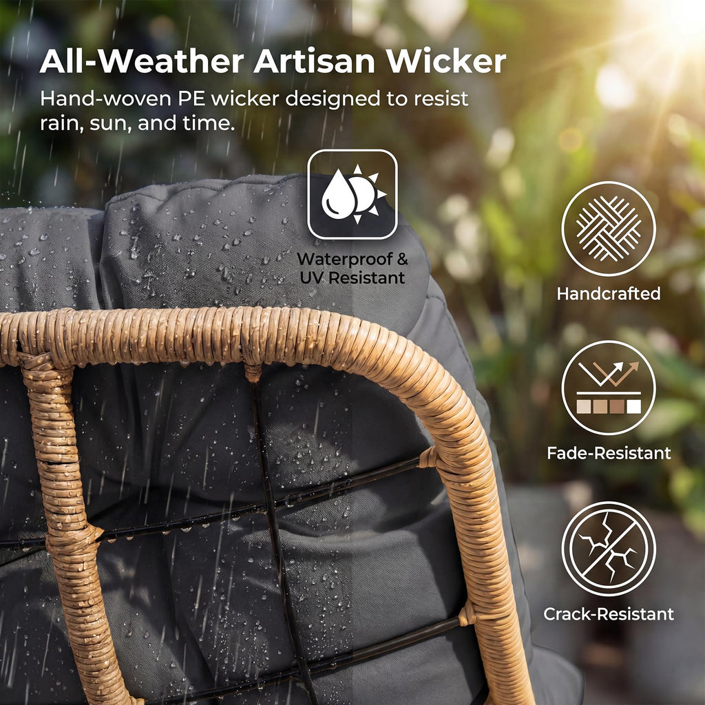 Double Wide Rocking Papasan Chair Outdoor Indoor for 2, PE Wicker Patio Rocking Chair with Cushion and Frame, Heavy