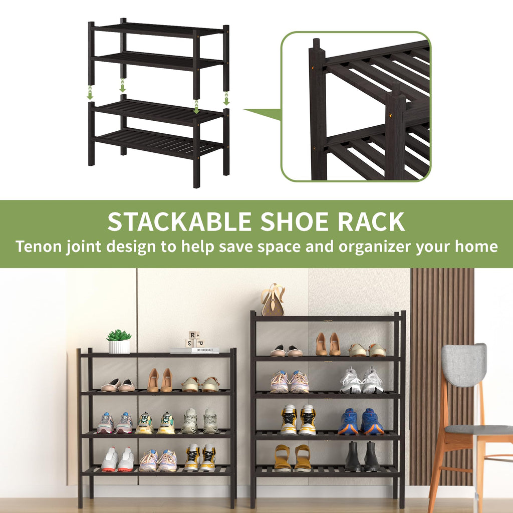4 Tier (Thick) Bamboo Shoe Rack for Closet Free Standing Wood Shoe Shelf Small Space Stackable 27"x12"x28" (Black