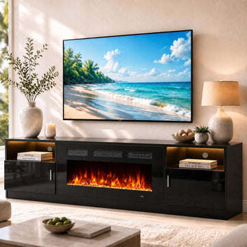 80" for TVs Up to 90", Entertainment Center with 36" Electric Fireplace and 12 Colors LED Lights, Large TV Console with