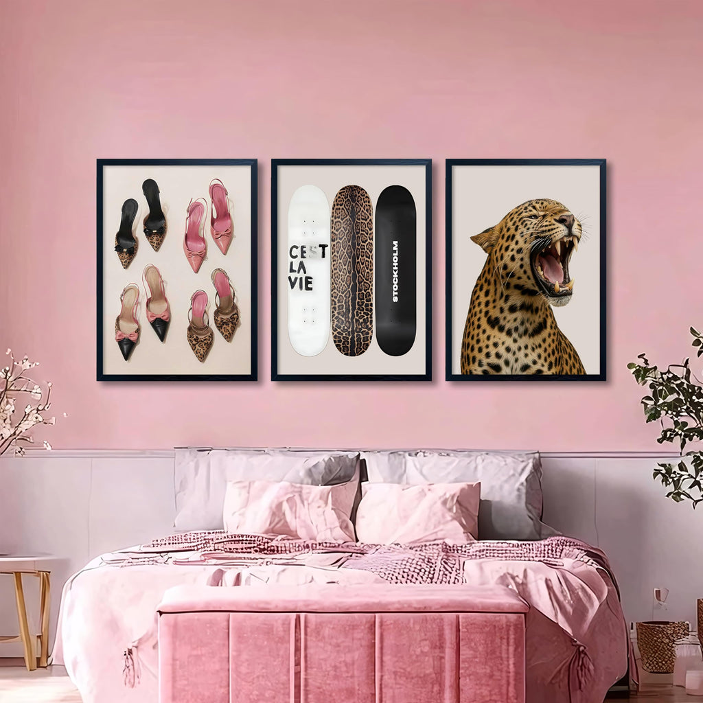 Stockholm Style Set of 3 Wall Art Set Leopard Print & Preppy Fashion Art with Heels, Skateboards & Roaring Leopard