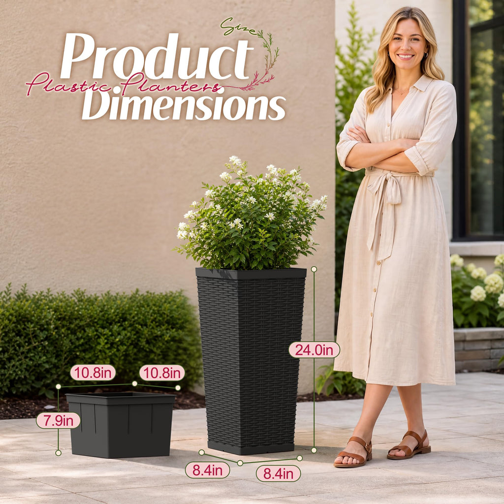 24" Tall Plastic Planters with Drainage Holes Front Porch Set of 2