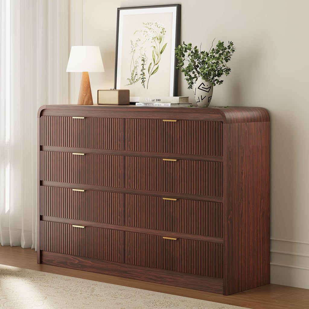 Fluted 8 Drawers Dresser Wooden, Dark Walnut