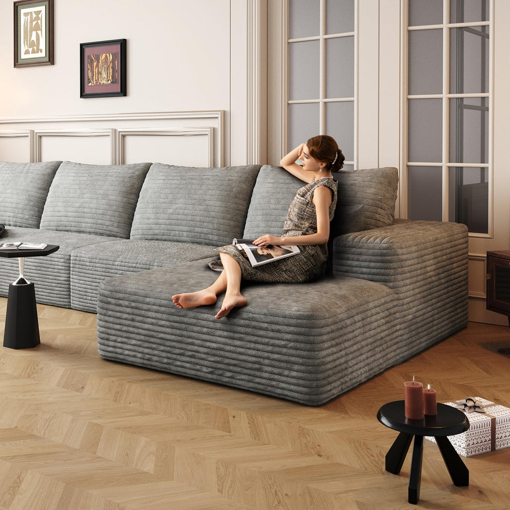 135" U Shaped Sectional Couch with Ottoman, Large Sectional Couches, Plush Corduroy Convertible Sleeper Sofa