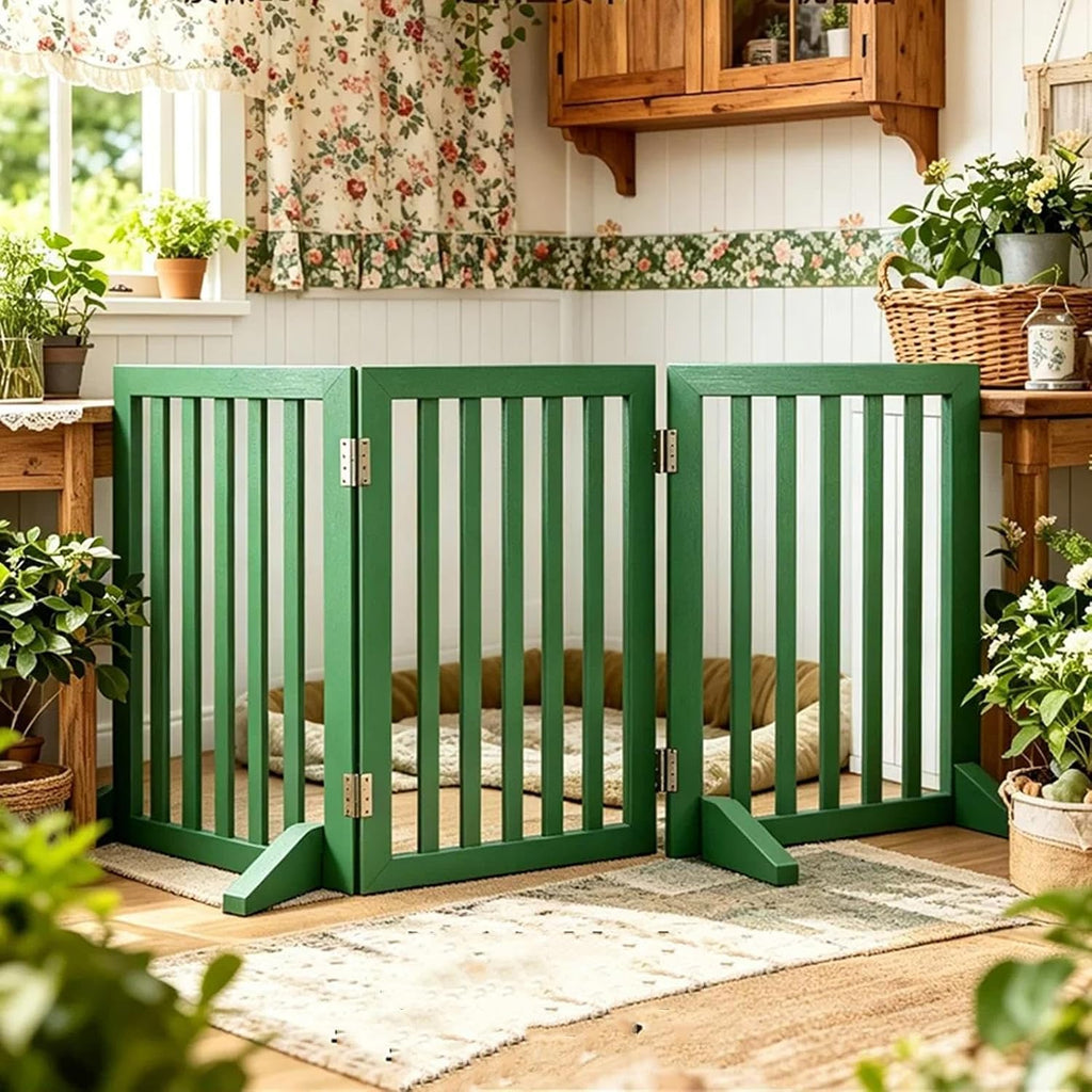 Wooden Dog Gate with Stands, Adjustable Green Doorways Pets Safety Fence