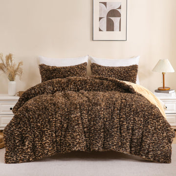 Leopard Print Fluffy Faux Fur Comforter Set King Size, 3 Pieces, Brown