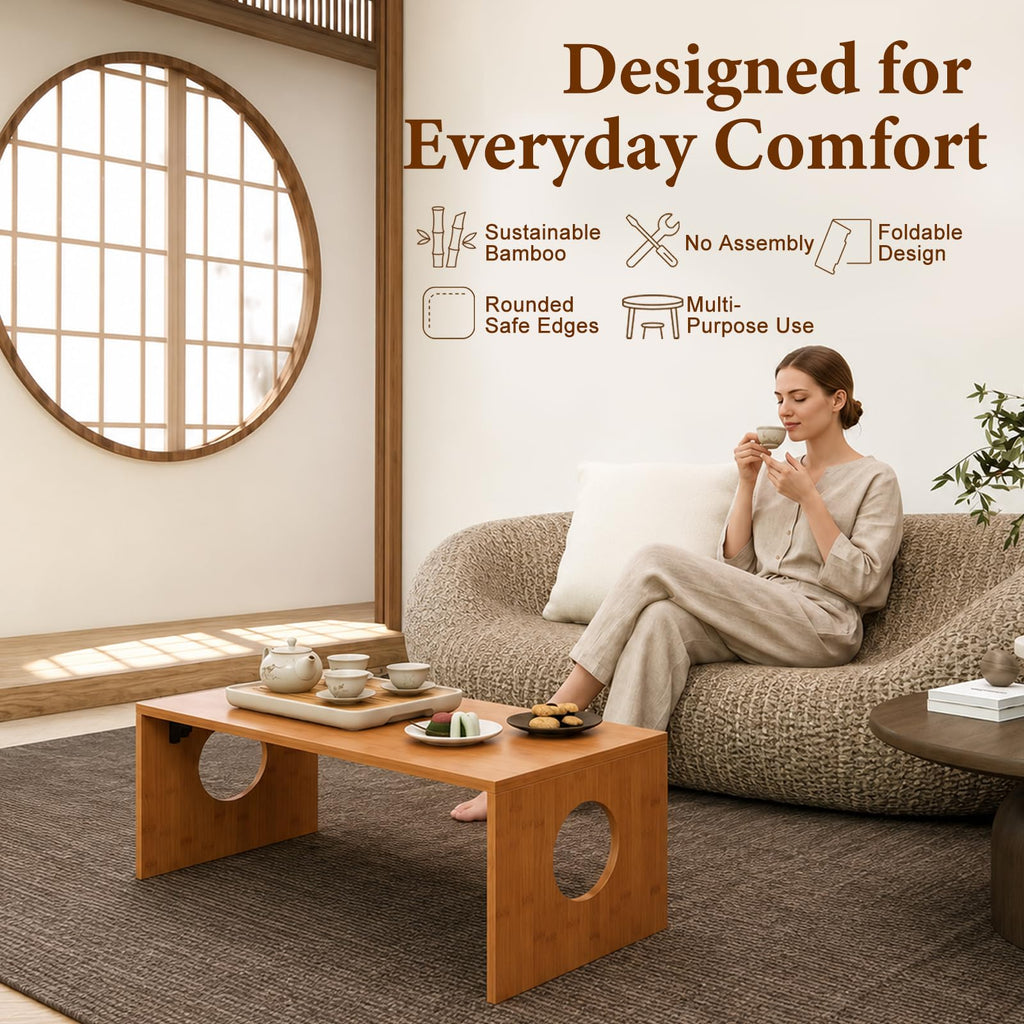 31.5" Japanese Floor Table, Foldable Bamboo Low Tea Meditation