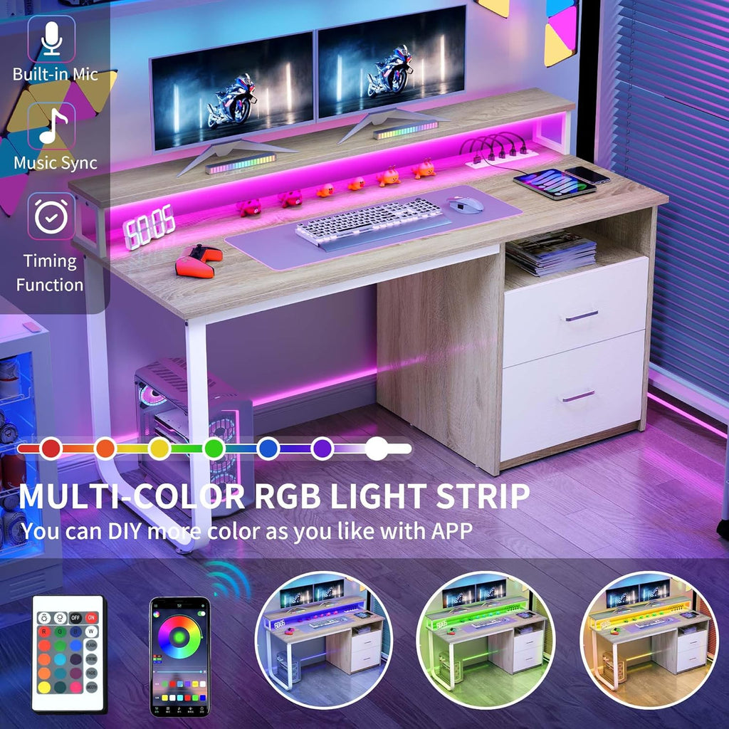 Computer Desk with Drawers, 47.2" Office Desk with Power Outlets & LED Light, Home Office Desk with Storage Shelves