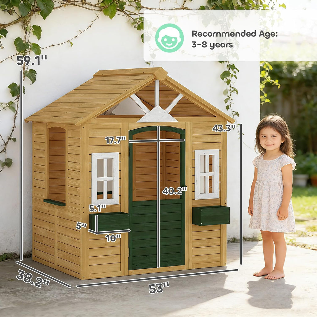 Outdoor Playhouse Wooden Kids Playhouse Functional Door Ages 3-8 Brown | Three Windows, Two Flower Boxes, Kids