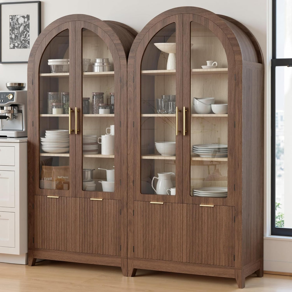 69" Tall Arched Cabinet with Glass Doors, 5-Tier Shlelves, Walnut | Mid Century Modern Fluted Bookcase, Pantry