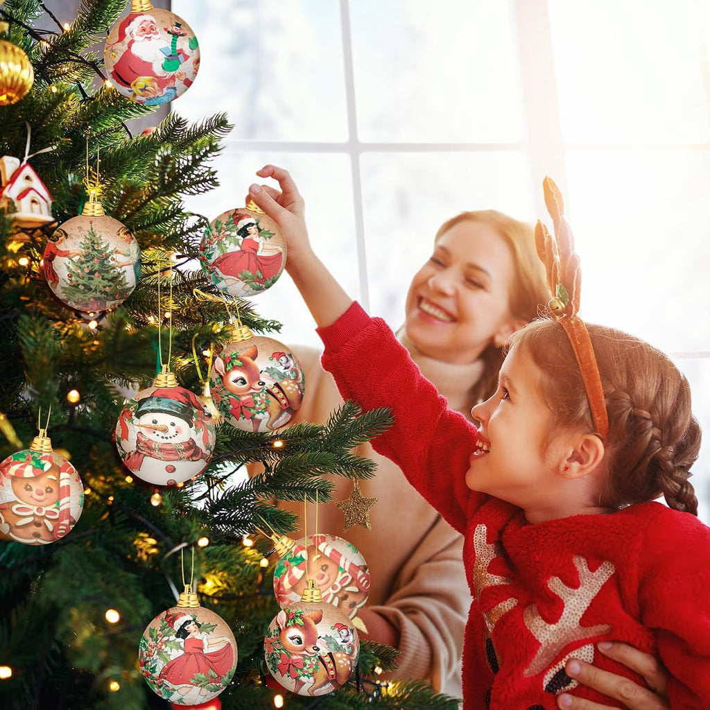 Vintage Christmas Ornaments Retro Style 2.36 Inch Balls - Set of 18