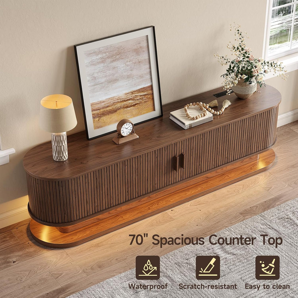 70" TV Stand up to 80 Inch, Entertainment Center with LED Lights and Storage, Mid Century Modern Fluted TV Console