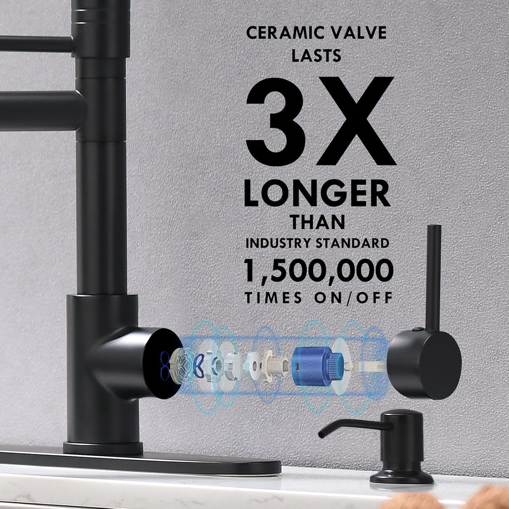 Matte Black Kitchen Faucet with Soap Dispenser Include 10 Inch Hole Cover Deck Plate
