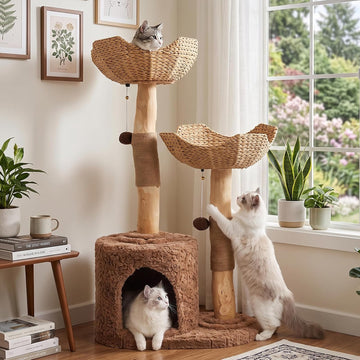 Modern Cat Tree Tower 50" with 2 Handmade Baskets and Large Condo