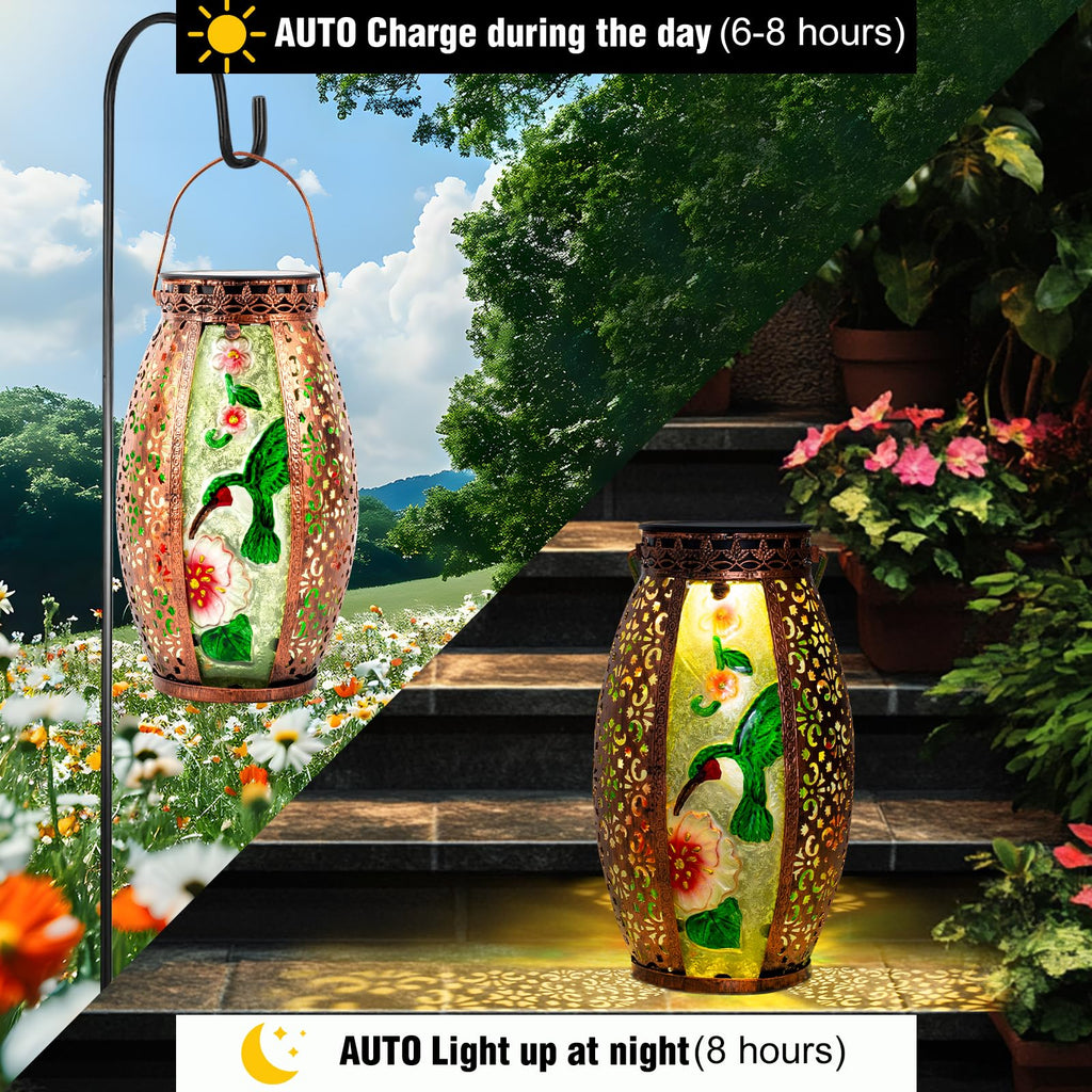 Hummingbird Solar Lantern Outdoor Waterproof, 13" Large Hanging Lantern Decorative, Metal Hummingbird Solar Lights for