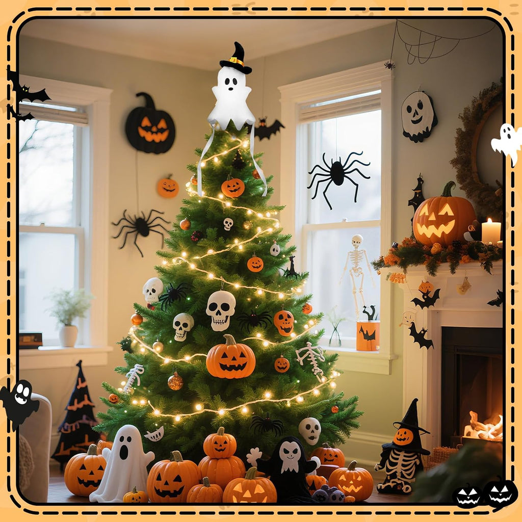 11.8'' White Ghost Plush Halloween Tree Topper with Witch Hat