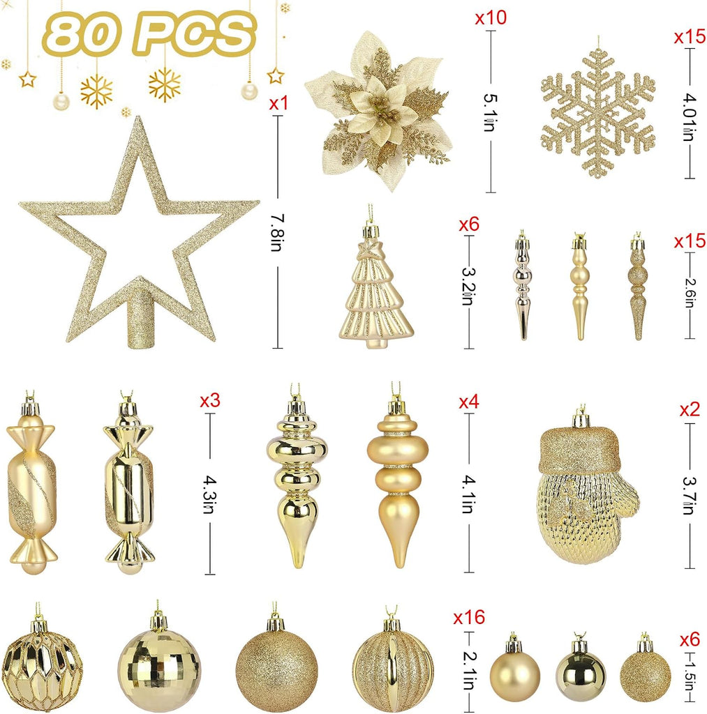 80pcs Christmas Balls Ornaments Set, Shatterproof Plastic Baubles Christmas Pendant for Xmas Tree, Holiday Wedding