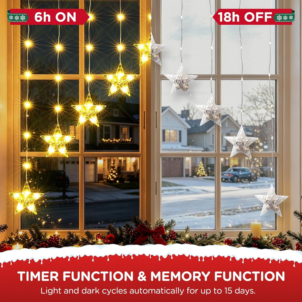 Christmas Window Lights, 76LED 9 Stars IP65 Battery Operated Star Curtain Lights 11 Modes with Timer, Xmas Decoration