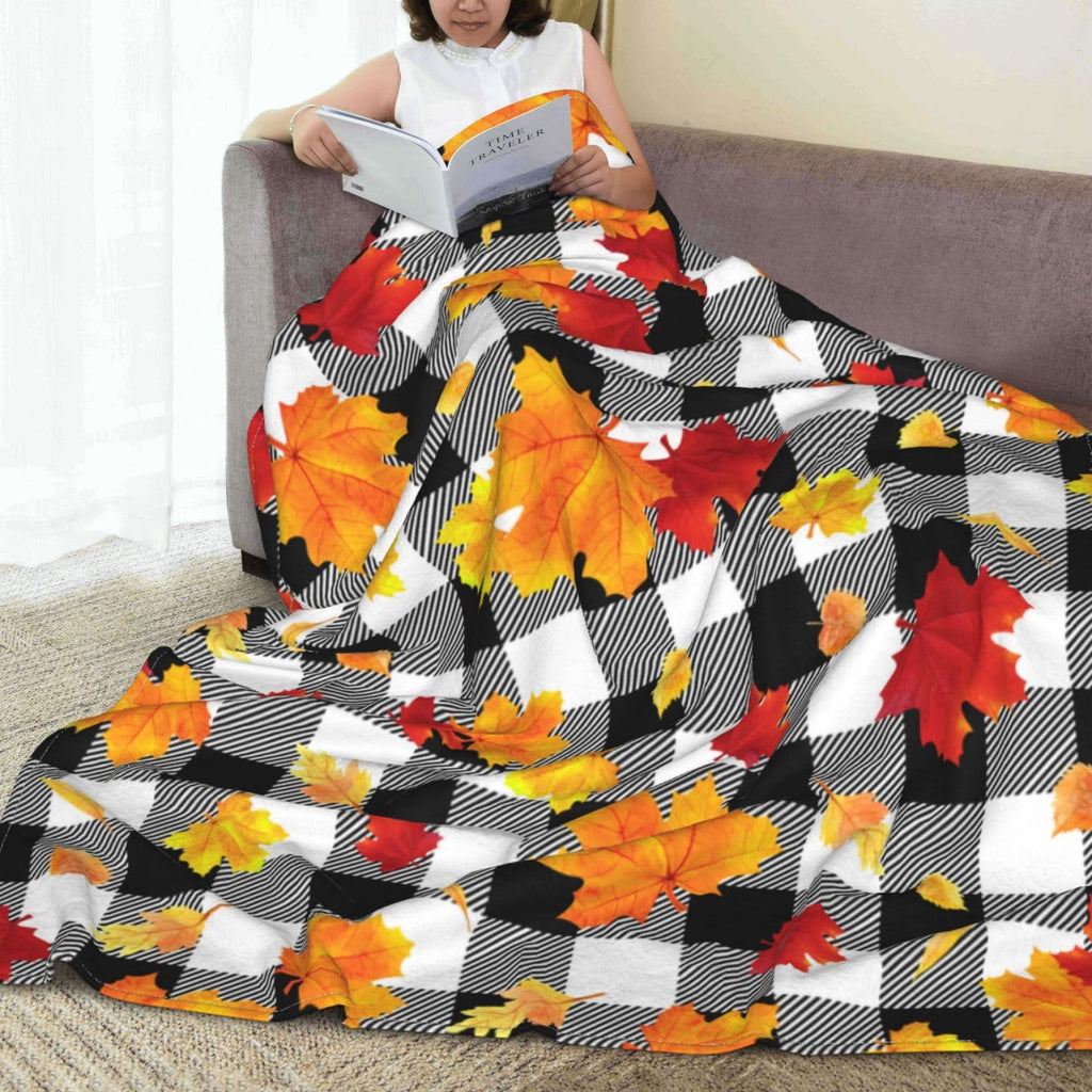 Fall Fleece Throw Blankets Maple Leaf Throw Blanket for Couch Sofa Bed, Luxury Soft Warm Fuzzy Cozy Black White
