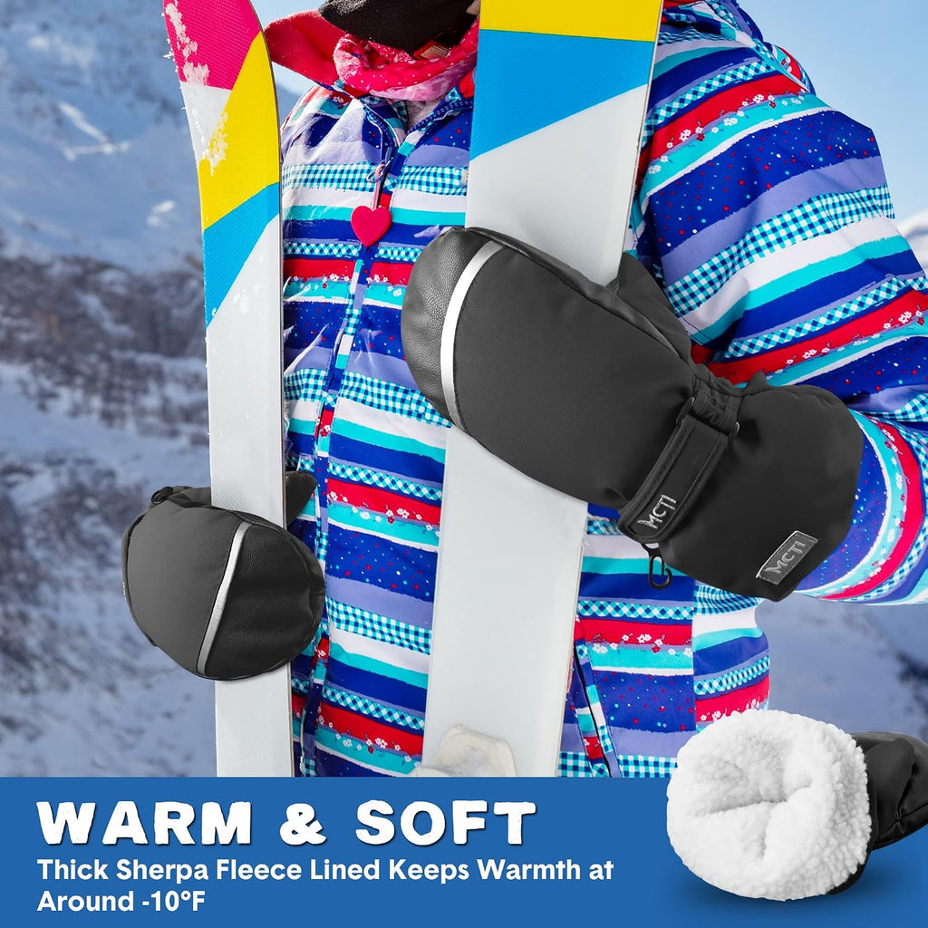 Kids Mittens, Waterproof Winter Warm Sherpa Ski Mittens with String