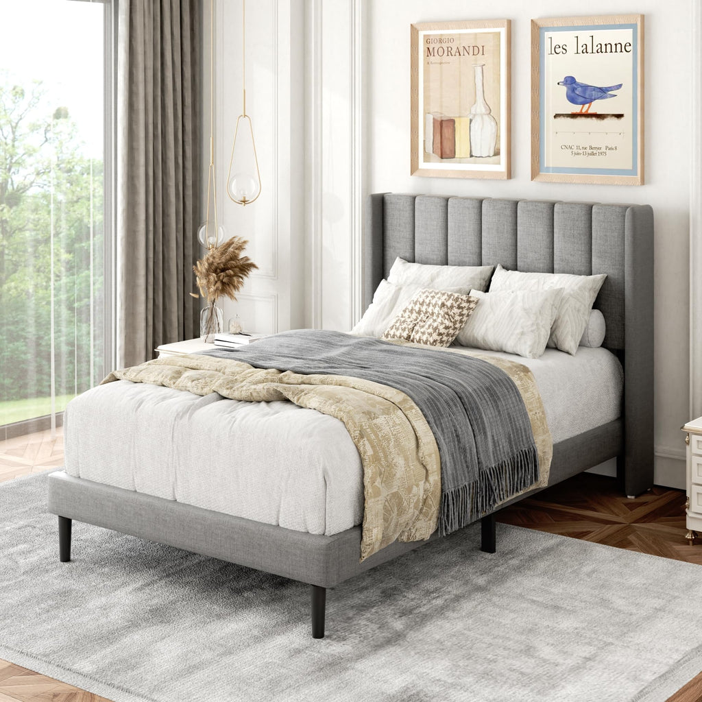 Twin Bed Frames with Wingback Headboard, Upholstered Platform Beds, No Box Spring Needed Sturdy Wooden Slat Support