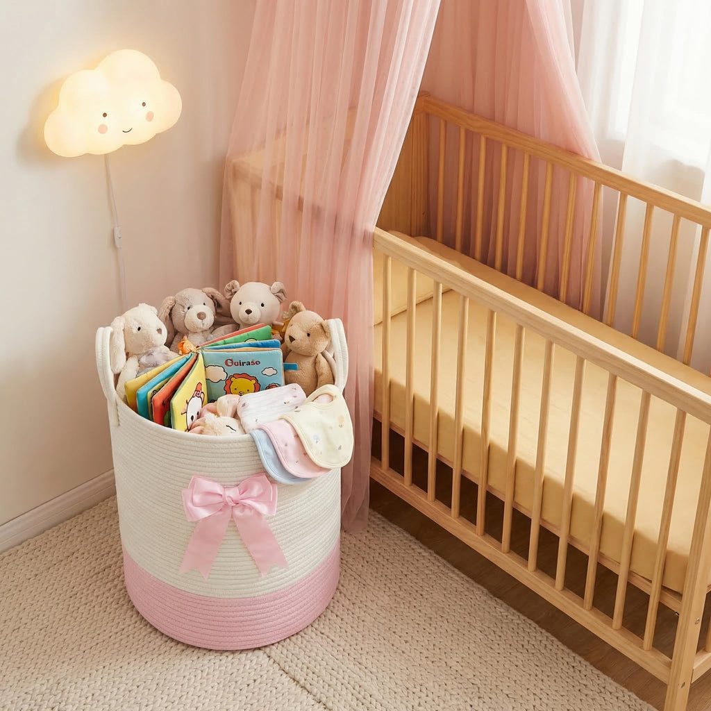 Pink Laundry Hamper with Bow, Tall Storage Basket