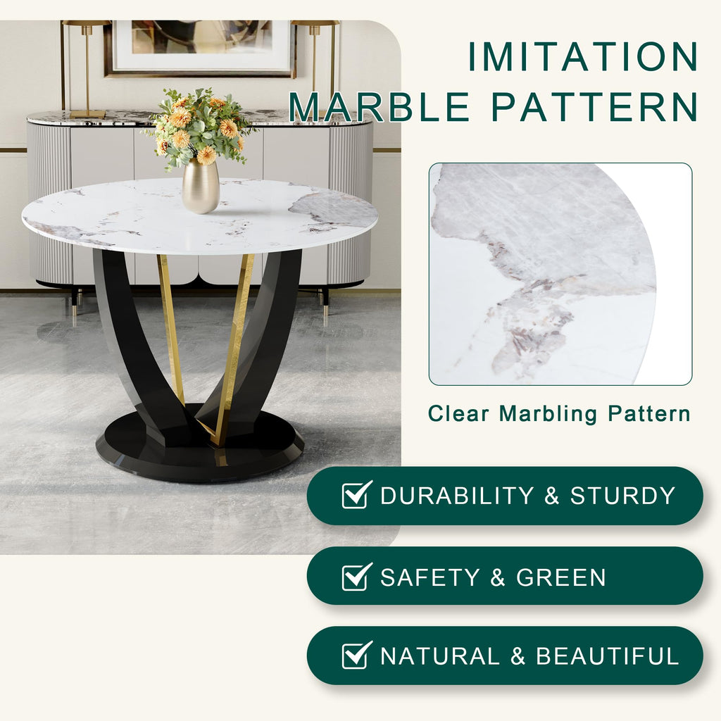 42 Inch Round Faux Marble Dining Table for 4, Modern Small Kitchen Table with Black Pedestal Base, Space Saving