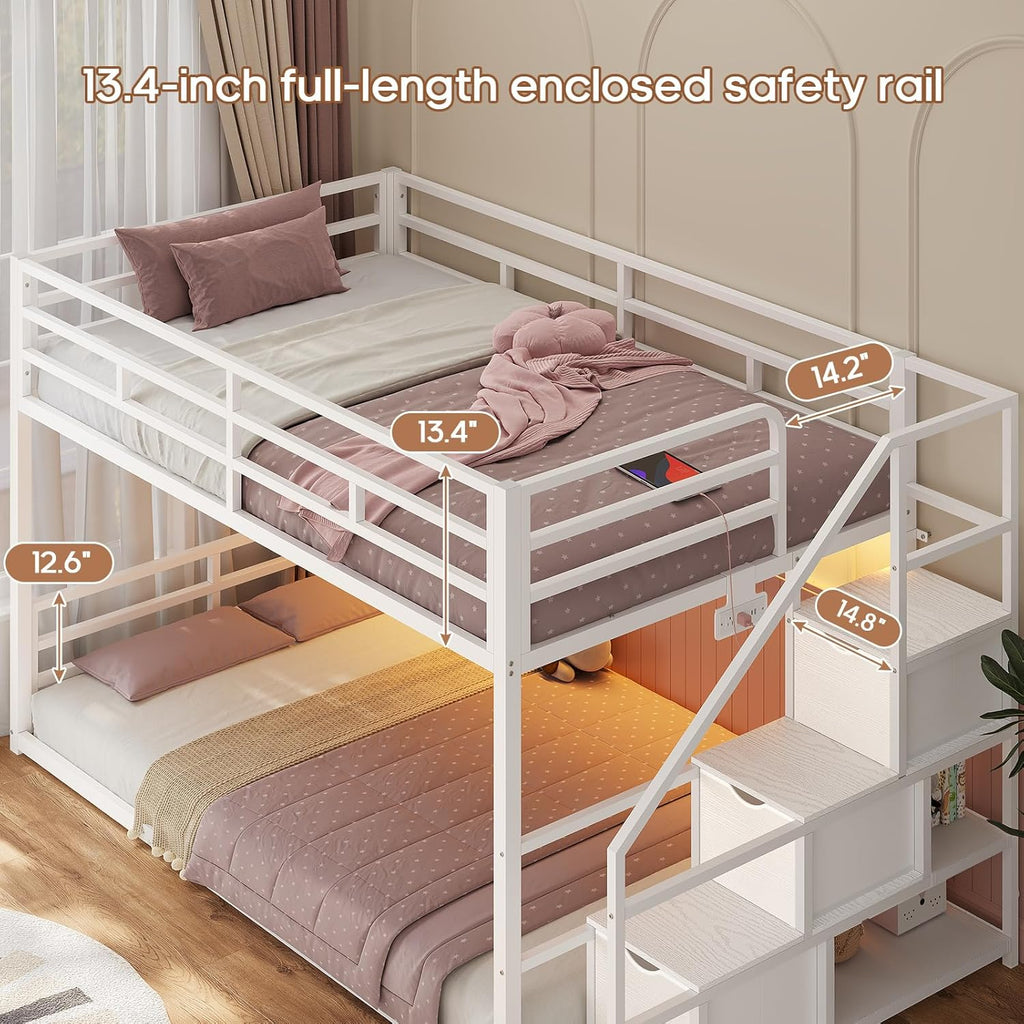 Low Bunk Bed Twin Over Twin with Stairs, Storage Drawers & Shelves, RGB LED Lights Metal Floor Bunk with Power Outlet