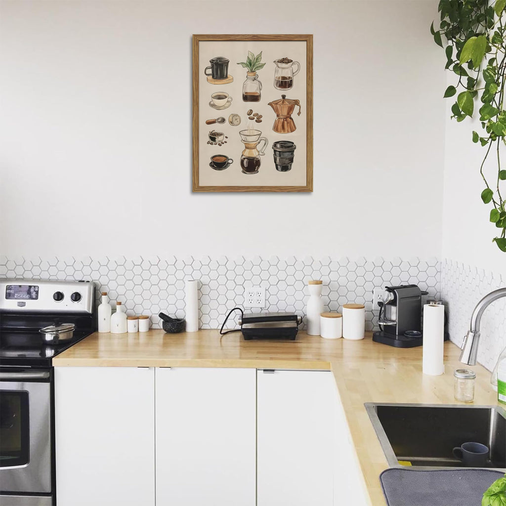 Framed Vintage Coffee Canvas Wall Art, Funky Espresso Coffee Tools Poster Prints, Modern Farmhouse Aesthetic