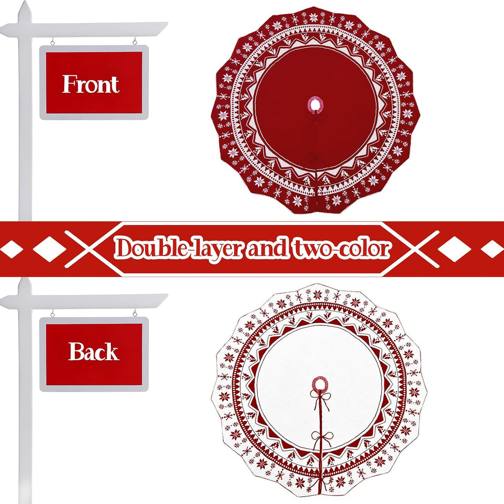 Christmas Tree Skirt 60 Inches, Double-Sided Knit Red Snowflake Xmas Decor