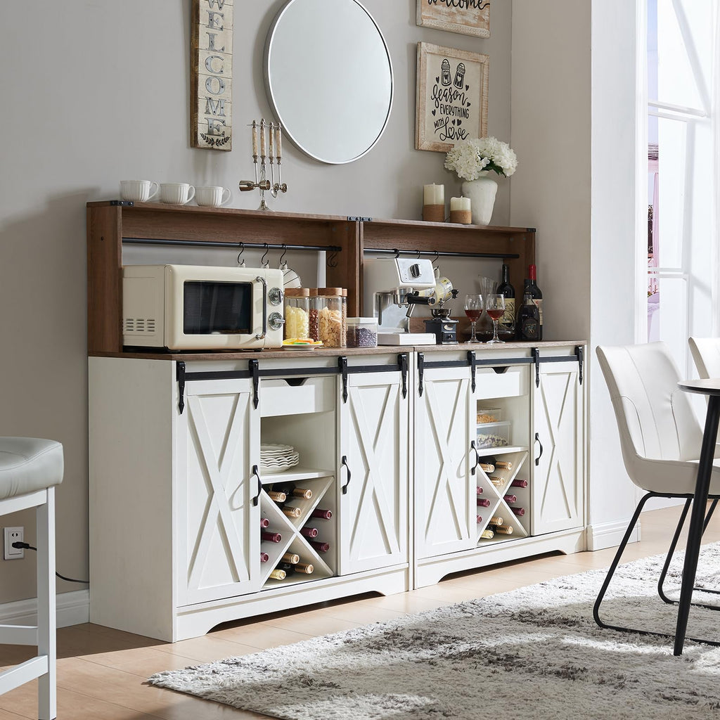 Farmhouse Coffee Bar Cabinet with Charging Station and USB, White