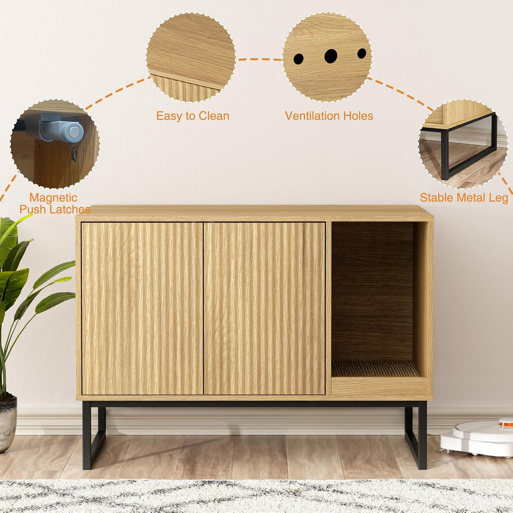 Cat Litter Box Enclosure, Fluted Hidden Litter Box Furniture with Scratch Pad and Metal Legs, Modern Enclosed Cat