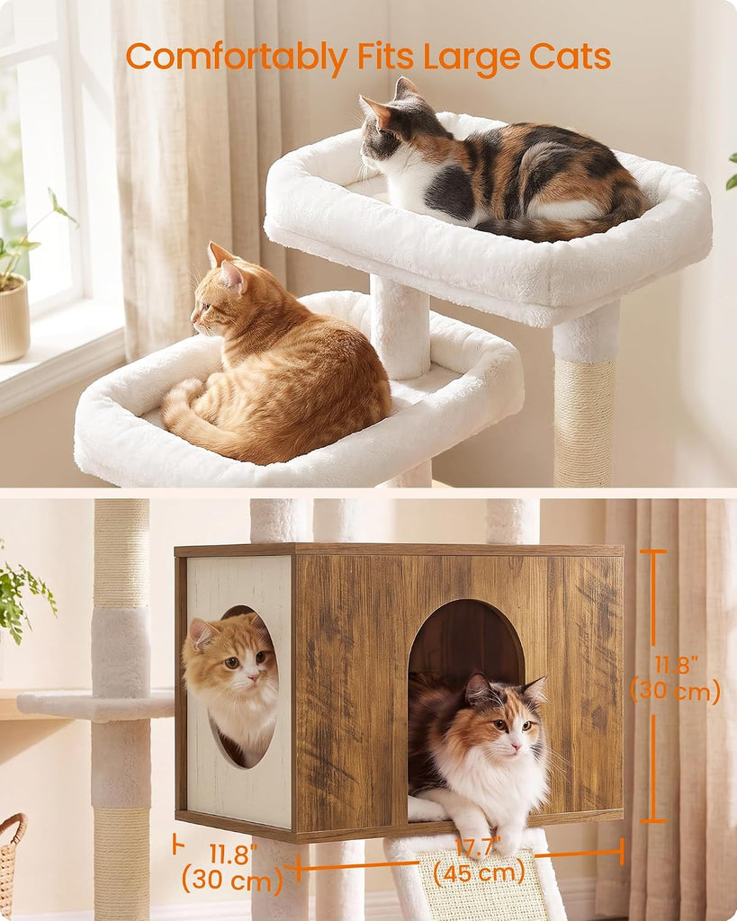 Tall Cat Tree, 8-Tier Wood Tower with 2 Condos, Scratching Post