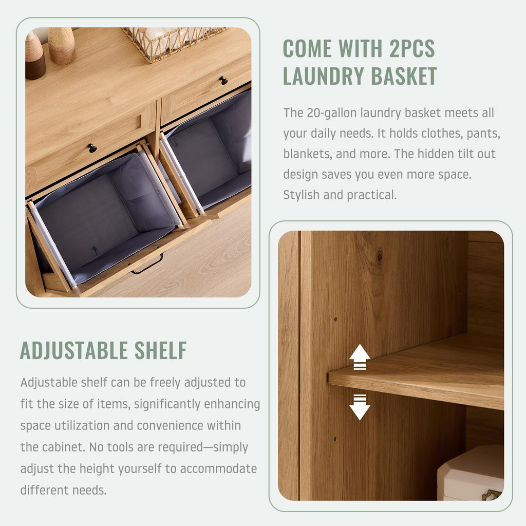 Triple Tilt Out Laundry Hamper Cabinet, Trash Cabinet, Natural