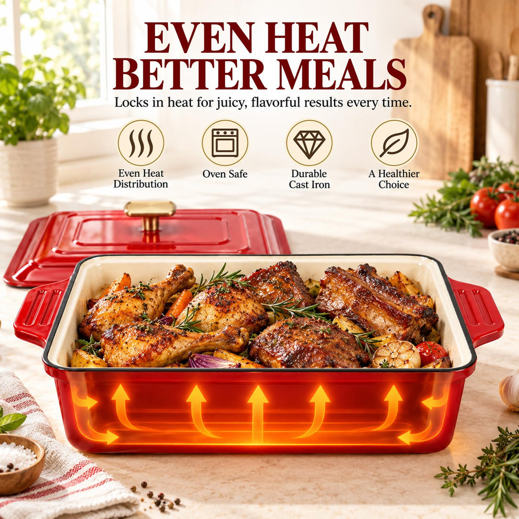 4 QT Enameled Cast Iron Casserole Dish with Lid, Rectangular Lasagna Pan