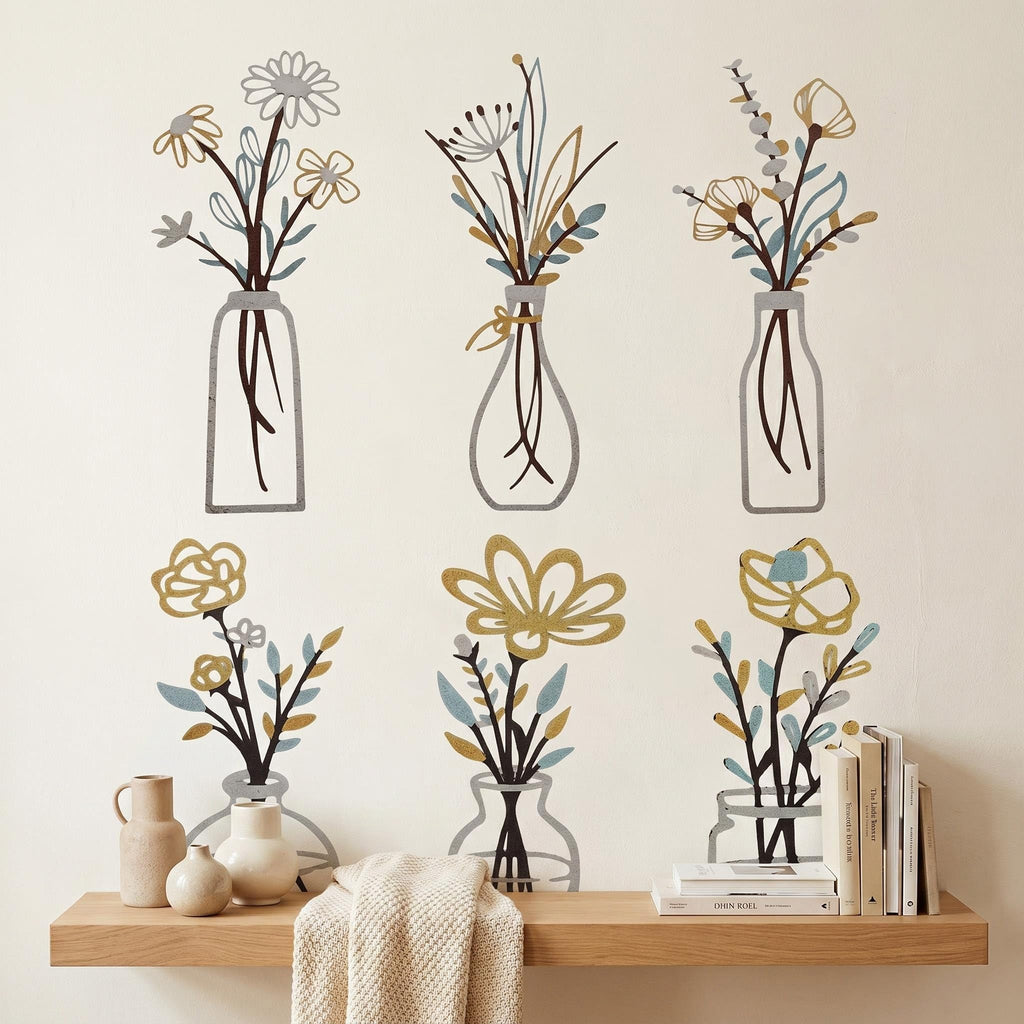 6Pcs Gold Blue Metal Flower Vase Wall Art Botanical Farmhouse Decor