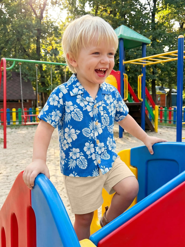 Todller Baby Boy Summer Clothes Color Block Short Sleeve Button Down Shirt Floral Tops Cotton Pants Outfit Set Blue