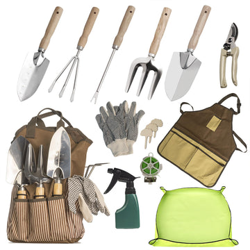 13-Piece Garden Tools Set with Tote Bag & Apron, Repotting Mat - Stainless Steel Heavy Duty Planting Kit, Ergonomic